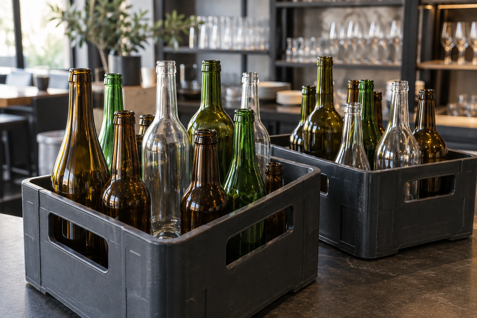 Botellas vacías en cajas en un bar; escena ilustrativa generada con IA