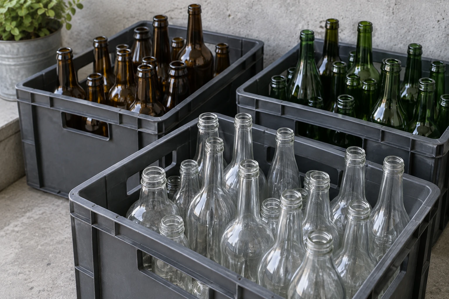 Botellas separadas por color en cajas de acopio; escena ilustrativa generada con IA