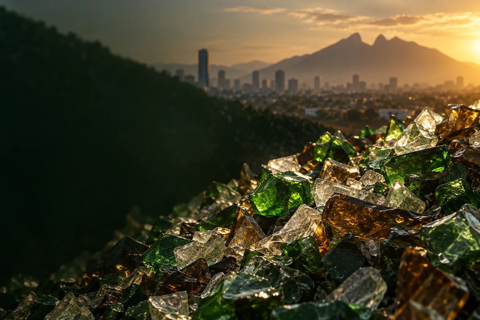 Imagen ilustrativa generada con IA: vidrio recuperado verde, ámbar y transparente, con una interpretación de Monterrey al fondo